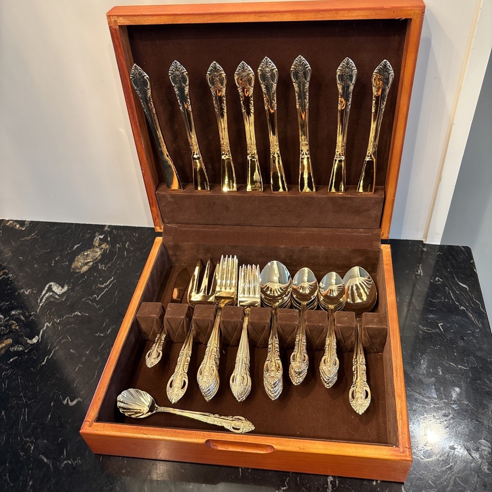 Stainless China Gold Tone Wood Box 52 piece Flatware Service for 8
